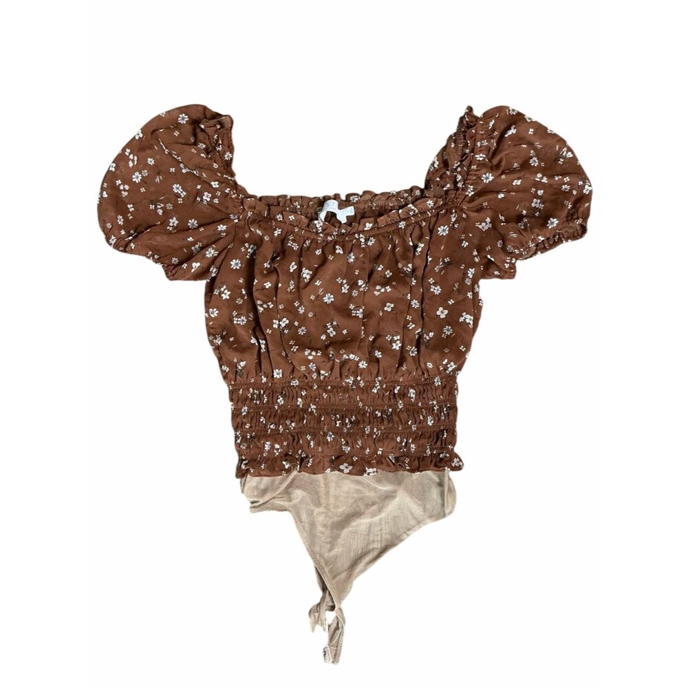 ASTR The Label Brown Floral Puff Sleeve Smocked Bodysuit Size Large